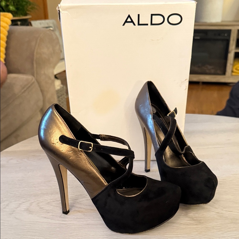 Aldo Black and Gold Strappy Heels